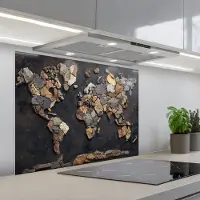 KitchenYeah Spatscherm 90x70 cm - Zelfklevende achterwand Wereldkaart - Stenen - Realistisch - Keuken muurbeschermer - Spatwand fornuis