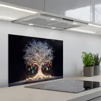 KitchenYeah Spatscherm 70x50 cm - Zelfklevende achterwand Sneeuwboom - Lichtjes - Wit - Kleurrijk - Keuken muurbeschermer - Spatwand fornuis