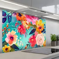 KitchenYeah Spatscherm 120x80 cm - Zelfklevende achterwand Bloemen - Olieverf - Kleurrijk - Natuur - Keuken muurbeschermer - Spatwand fornuis
