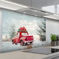 KitchenYeah Spatscherm 120x80 cm - Zelfklevende achterwand Auto - Rood - Cadeaus - Winter - Sneeuw - Kerst - Keuken muurbeschermer - Spatwand fornuis