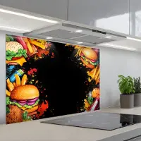 KitchenYeah Spatscherm 90x60 cm - Zelfklevende achterwand Fastfood - Graffiti - Hamburger - Eten - Modern - Keuken muurbeschermer - Spatwand fornuis