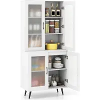 Costway Keukenkast, hoog, 178,5 cm, keukenrek met 4 transparante deuren en verstelbaar rek, buffetkast, staand rek, hoge kast, voor keuken, eetkamer, woonkamer, hout en metaal (wit)