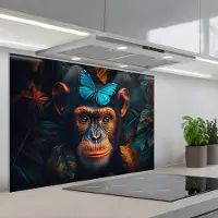 KitchenYeah Spatscherm 80x55 cm - Zelfklevende achterwand Chimpansee - Aap - Natuur - Blauwe vlinder - Keuken muurbeschermer - Spatwand fornuis