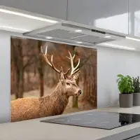 KitchenYeah Spatscherm 90x70 cm - Zelfklevende achterwand Hert - Dier - Bos - Herfst - Hertenkop - Bruin - Natuur - Keuken muurbeschermer - Spatwand fornuis