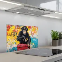 KitchenYeah Spatscherm 60x40 cm - Zelfklevende achterwand Graffiti - Aap - Street art - Dieren - Keuken muurbeschermer - Spatwand fornuis