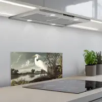 KitchenYeah Spatscherm 70x30 cm - Zelfklevende achterwand Reiger - Planten - Wolken - Wit - Keuken muurbeschermer - Spatwand fornuis