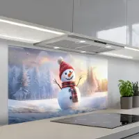 KitchenYeah Spatscherm 120x60 cm - Zelfklevende achterwand Sneeuwpop - Zonsondergang - Wit - Keuken muurbeschermer - Spatwand fornuis
