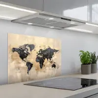 KitchenYeah Spatscherm 70x55 cm - Zelfklevende achterwand Wereldkaart - Goud - Zwart - Abstract - Keuken muurbeschermer - Spatwand fornuis