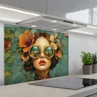 KitchenYeah Spatscherm 80x55 cm - Zelfklevende achterwand Vrouw - Bloemen - Vlinders - Natuur - Vintage - Keuken muurbeschermer - Spatwand fornuis