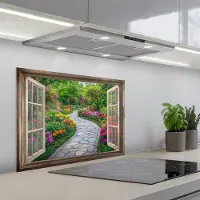 KitchenYeah Spatscherm 70x50 cm - Zelfklevende achterwand Doorkijk - Bloemen - Tuinpad - Natuur - Raam - Keuken muurbeschermer - Spatwand fornuis