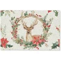 MuchoWow Deurmat 60x40 cm - Droogloopmat Kerstkrans - Hert - Hulst - Rood - Mat voor binnen - Schoonloopmat - Deurmatten met print - Inloopmat