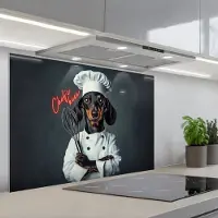 KitchenYeah Spatscherm 90x60 cm - Zelfklevende achterwand Quote - Neon - Hond - Kokskleding - Keuken muurbeschermer - Spatwand fornuis