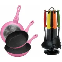 Cheffinger Koekenpannen - Set van 3 - Incl. Keukengerei Set - 7-delig - Roze