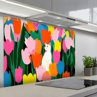KitchenYeah Spatscherm 120x80 cm - Zelfklevende achterwand Tulpen - Kat - Kleurrijk - Keuken muurbeschermer - Spatwand fornuis