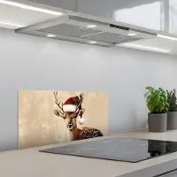 KitchenYeah Spatscherm 60x30 cm - Zelfklevende achterwand Kerst - Hert - Gewei - Rood - Keuken muurbeschermer - Spatwand fornuis