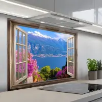 KitchenYeah Spatscherm 100x75 cm - Zelfklevende achterwand Doorkijk - Berg - Landschap - Uitzicht - Meer - Keuken muurbeschermer - Spatwand fornuis