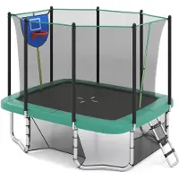 Costway Trampoline voor buiten, rechthoekig, 3-in-1 kindertrampoline met ladder, basketbalkorf en voetbaldoel, tuintrampoline met veiligheidsnet en metalen frame, voor kinderen en volwassenen, groen