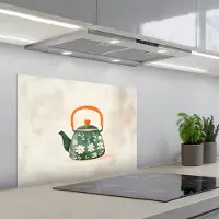 KitchenYeah Spatscherm 70x50 cm - Zelfklevende achterwand Theepot - Groen - Bloemen - Oranje - Keuken muurbeschermer - Spatwand fornuis