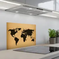 KitchenYeah Spatscherm 60x45 cm - Zelfklevende achterwand Wereldkaart - Grafisch - Zwart - Keuken muurbeschermer - Spatwand fornuis