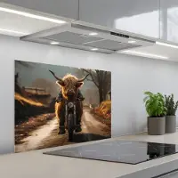KitchenYeah Spatscherm 70x50 cm - Zelfklevende achterwand Schotse hooglander - Sjaal - Bergen - Keuken muurbeschermer - Spatwand fornuis