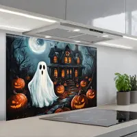 KitchenYeah Spatscherm 90x60 cm - Zelfklevende achterwand Halloween - Spookhuis - Pompoen - Spook - Keuken muurbeschermer - Spatwand fornuis