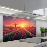 KitchenYeah Spatscherm 120x60 cm - Zelfklevende achterwand Windmolen - Zonsondergang - Landschap - Keuken muurbeschermer - Spatwand fornuis