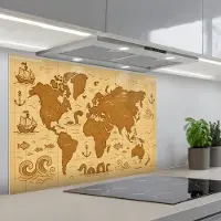 KitchenYeah Spatscherm 80x55 cm - Zelfklevende achterwand Wereldkaart - Fantasiestijl - Bruin - Keuken muurbeschermer - Spatwand fornuis