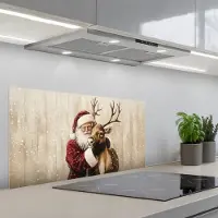 KitchenYeah Spatscherm 90x45 cm - Zelfklevende achterwand Kerstman - Rendier - Sneeuw - Kleurrijk - Keuken muurbeschermer - Spatwand fornuis
