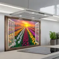 KitchenYeah Spatscherm 80x60 cm - Zelfklevende achterwand Doorkijk - Bloemen - Tulpen - Kleurrijk - Zonsondergang - Keuken muurbeschermer - Spatwand fornuis
