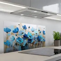 KitchenYeah Spatscherm 100x50 cm - Zelfklevende achterwand Bloemen - Schilderij - Blauw - Keuken muurbeschermer - Spatwand fornuis