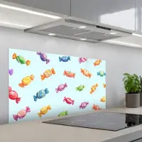 KitchenYeah Spatscherm 100x50 cm - Zelfklevende achterwand Blauw - Patroon - Snoep - Keuken muurbeschermer - Spatwand fornuis