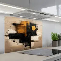 KitchenYeah Spatscherm 90x70 cm - Zelfklevende achterwand Abstract - Zwart - Goud - Modern - Keuken muurbeschermer - Spatwand fornuis