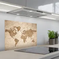 KitchenYeah Spatscherm 70x50 cm - Zelfklevende achterwand Wereldkaart - Oud papier - Historisch - Keuken muurbeschermer - Spatwand fornuis