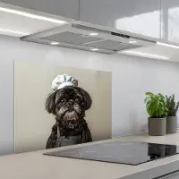 KitchenYeah Spatscherm 70x55 cm - Zelfklevende achterwand Kokskleding - Zwart - Hondje - Keuken muurbeschermer - Spatwand fornuis