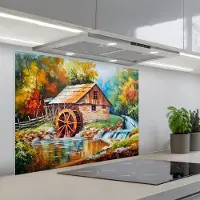 KitchenYeah Spatscherm 90x70 cm - Zelfklevende achterwand Landschap - Schilderij - Huis - Kunst - Herfst - Keuken muurbeschermer - Spatwand fornuis