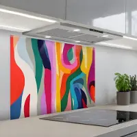KitchenYeah Spatscherm 90x70 cm - Zelfklevende achterwand Abstract - Kleurrijk - Golven - Lijnen - Keuken muurbeschermer - Spatwand fornuis