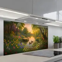 KitchenYeah Spatscherm 120x60 cm - Zelfklevende achterwand Eenden - Vijver - Bloemen - Keuken muurbeschermer - Spatwand fornuis