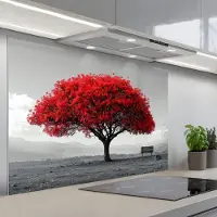 KitchenYeah Spatscherm 120x80 cm - Zelfklevende achterwand Boom - Rood - Natuur - Zwart wit - Keuken muurbeschermer - Spatwand fornuis