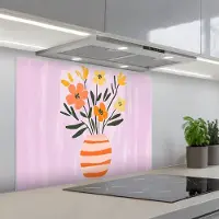 KitchenYeah Spatscherm 90x70 cm - Zelfklevende achterwand Vaas - Gestreept - Bloemen - Oranje - Keuken muurbeschermer - Spatwand fornuis