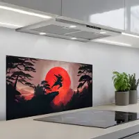 KitchenYeah Spatscherm 80x40 cm - Zelfklevende achterwand Zon - Krijger - Bomen - Bergen - Keuken muurbeschermer - Spatwand fornuis