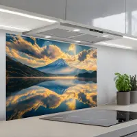 KitchenYeah Spatscherm 80x55 cm - Zelfklevende achterwand Berg - Rivier - Zonsondergang - Keuken muurbeschermer - Spatwand fornuis