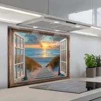 KitchenYeah Spatscherm 80x60 cm - Zelfklevende achterwand Doorkijk - Strand - Pad - Zonsondergang - Keuken muurbeschermer - Spatwand fornuis