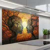 KitchenYeah Spatscherm 120x80 cm - Zelfklevende achterwand Bomen - Gezichten - Zon - Kunst - Keuken muurbeschermer - Spatwand fornuis