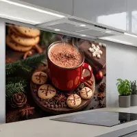 KitchenYeah Spatscherm 120x80 cm - Zelfklevende achterwand Chocolademelk - Mok - Winter - Kerst - Gezelligheid - Keuken muurbeschermer - Spatwand fornuis