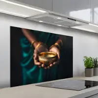 KitchenYeah Spatscherm 100x65 cm - Zelfklevende achterwand Goud - Kom - Blauw - Keuken muurbeschermer - Spatwand fornuis