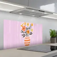 KitchenYeah Spatscherm 100x50 cm - Zelfklevende achterwand Vaas - Gestreept - Bloemen - Oranje - Keuken muurbeschermer - Spatwand fornuis