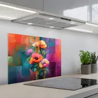 KitchenYeah Spatscherm 70x50 cm - Zelfklevende achterwand Geometrische kleurvlaken - Modern - Fantasiebloemen - Keuken muurbeschermer - Spatwand fornuis