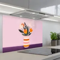 KitchenYeah Spatscherm 90x60 cm - Zelfklevende achterwand Tulpen - Vaas - Strepen - Paars - Keuken muurbeschermer - Spatwand fornuis