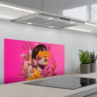 KitchenYeah Spatscherm 90x45 cm - Zelfklevende achterwand Zonnebril - Oranje - Vrouw - Planten - Keuken muurbeschermer - Spatwand fornuis