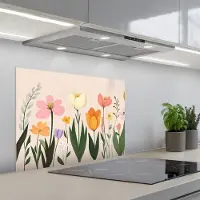 KitchenYeah Spatscherm 70x55 cm - Zelfklevende achterwand Pasteltinten - Bloemen - Illustratie - Keuken muurbeschermer - Spatwand fornuis